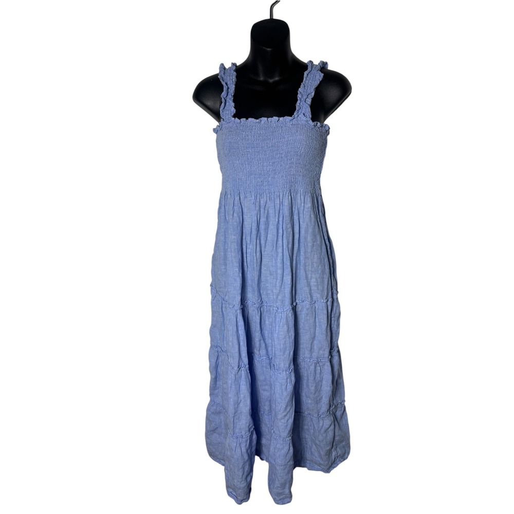 Quince women's medium 100% European linen smocked midi dress French blue tiered